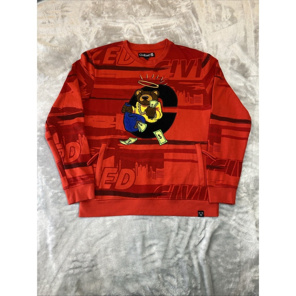 CivilizeD Sweatshirt Men Large Red Money Bear Graphic Streetwear All Over‎ Print